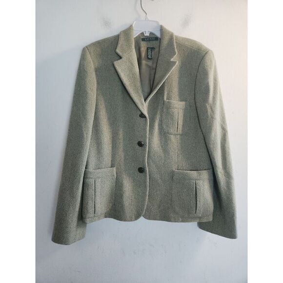 Lauren Ralph Lauren Women Green/Grey Tweed Wool Blend 3 Button Blazer size 16 - Picture 10 of 11